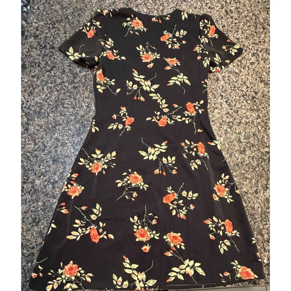 Floral V-Neck Button Front Tea Dress Short Sleeve Black Orange Rose Print - Picture 2 of 6